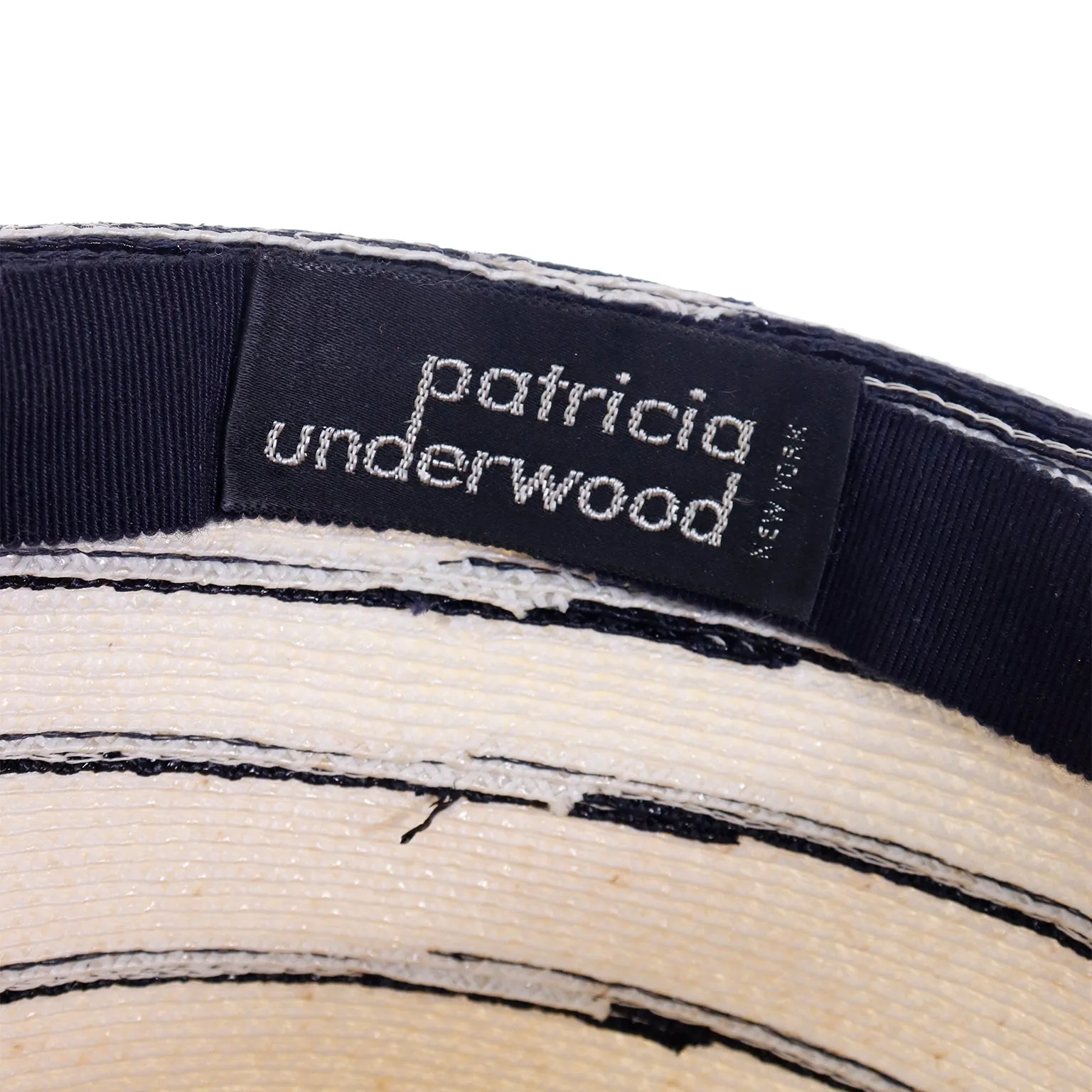 1990s Patricia Underwood Blue and Ivory Straw Hat