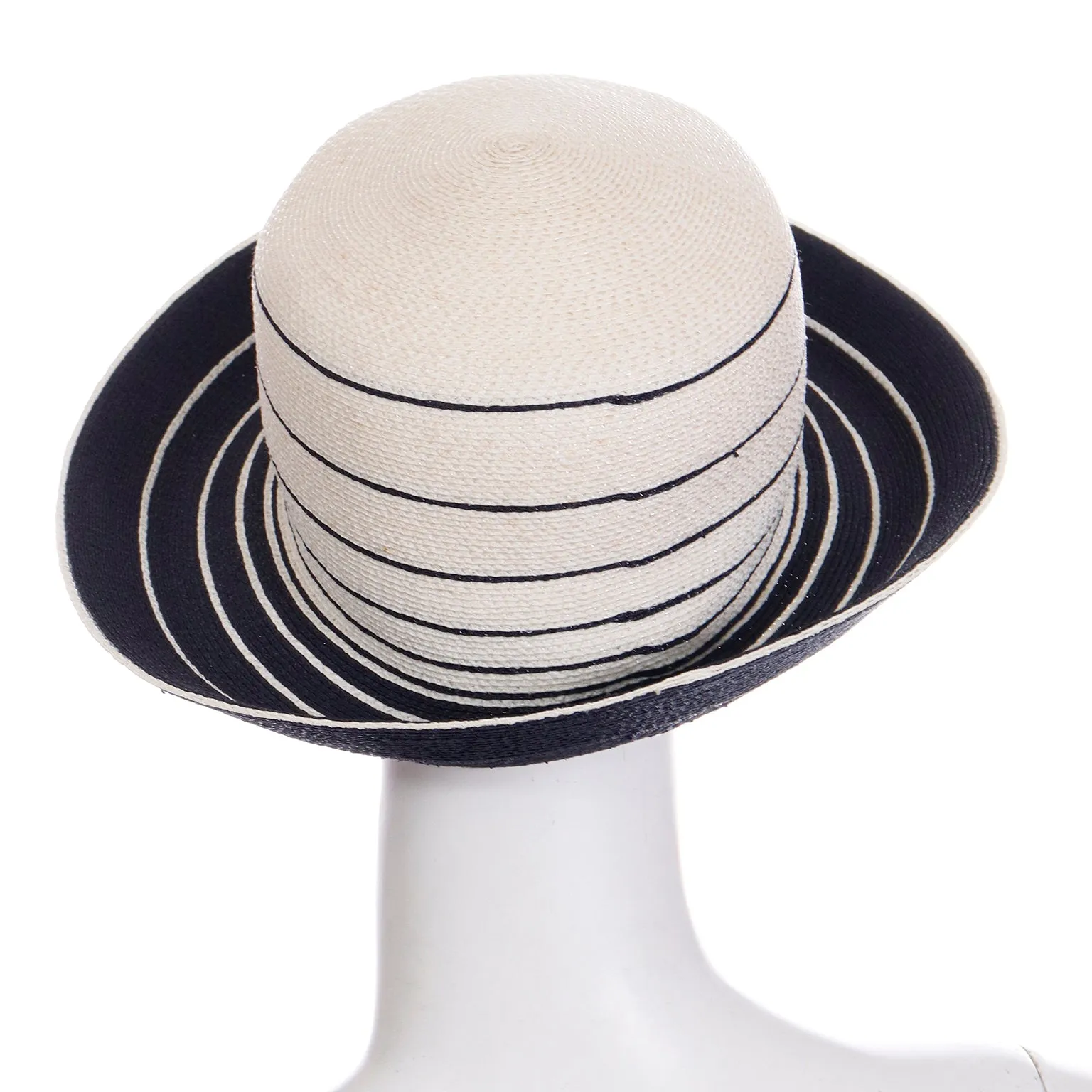 1990s Patricia Underwood Blue and Ivory Straw Hat