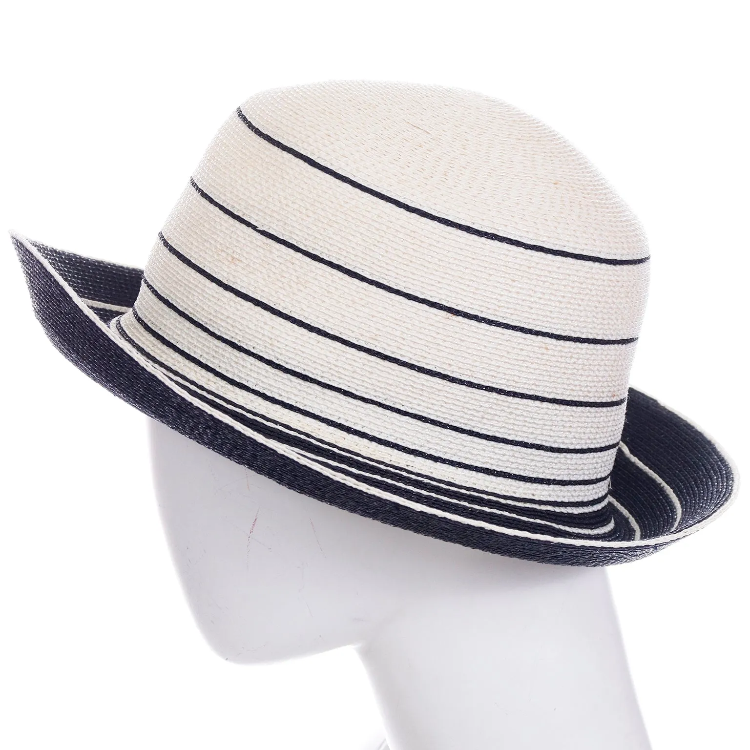 1990s Patricia Underwood Blue and Ivory Straw Hat