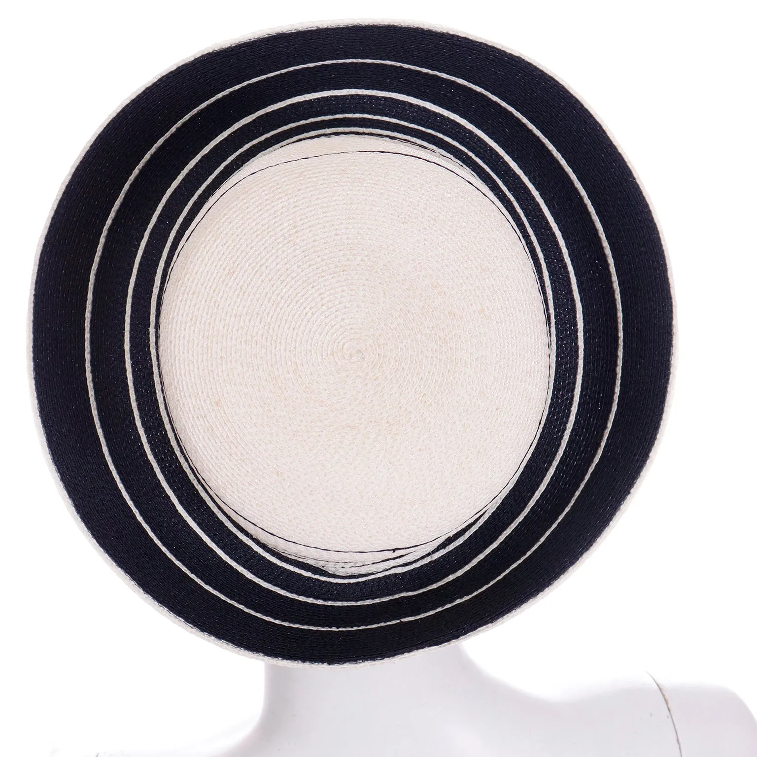 1990s Patricia Underwood Blue and Ivory Straw Hat