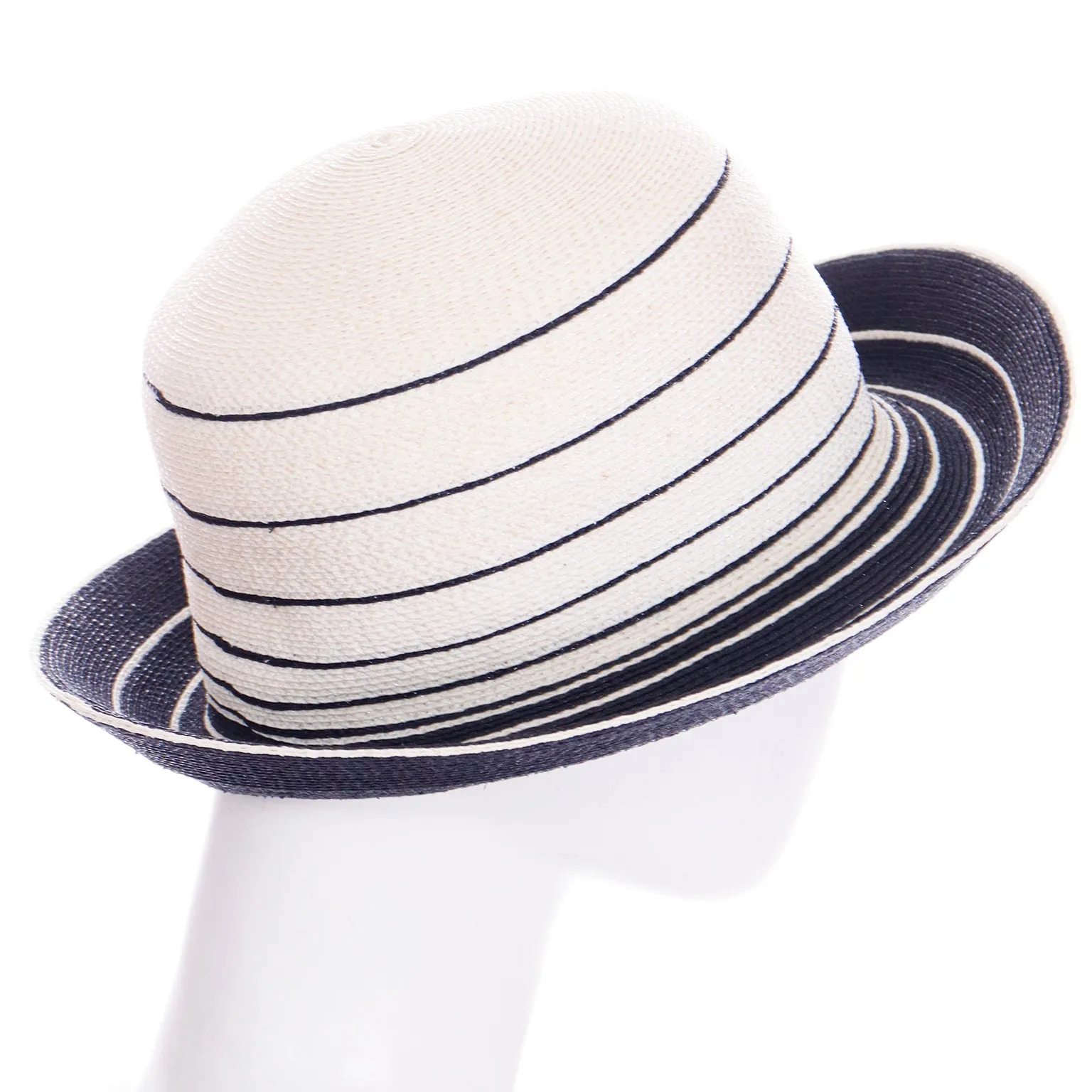 1990s Patricia Underwood Blue and Ivory Straw Hat