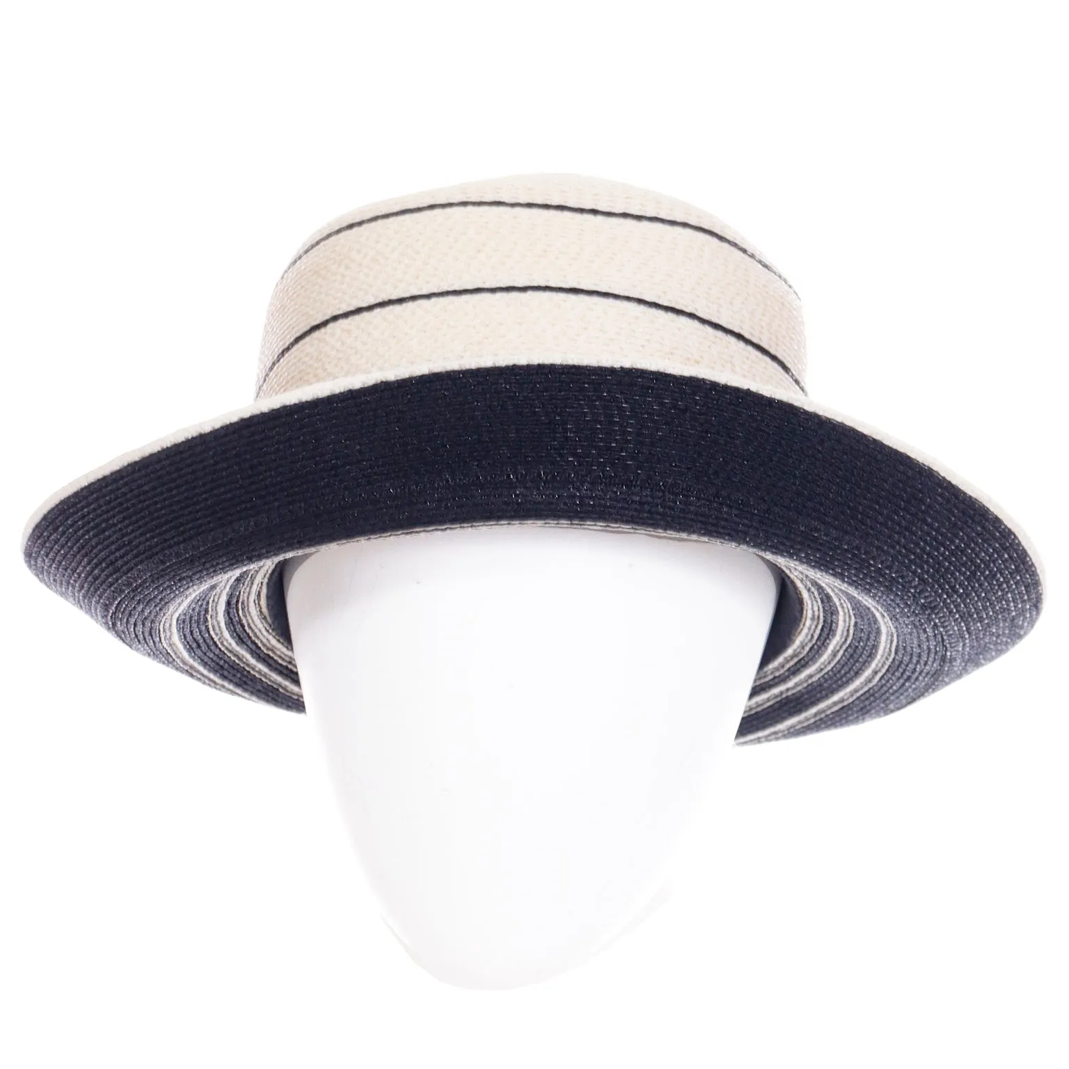 1990s Patricia Underwood Blue and Ivory Straw Hat