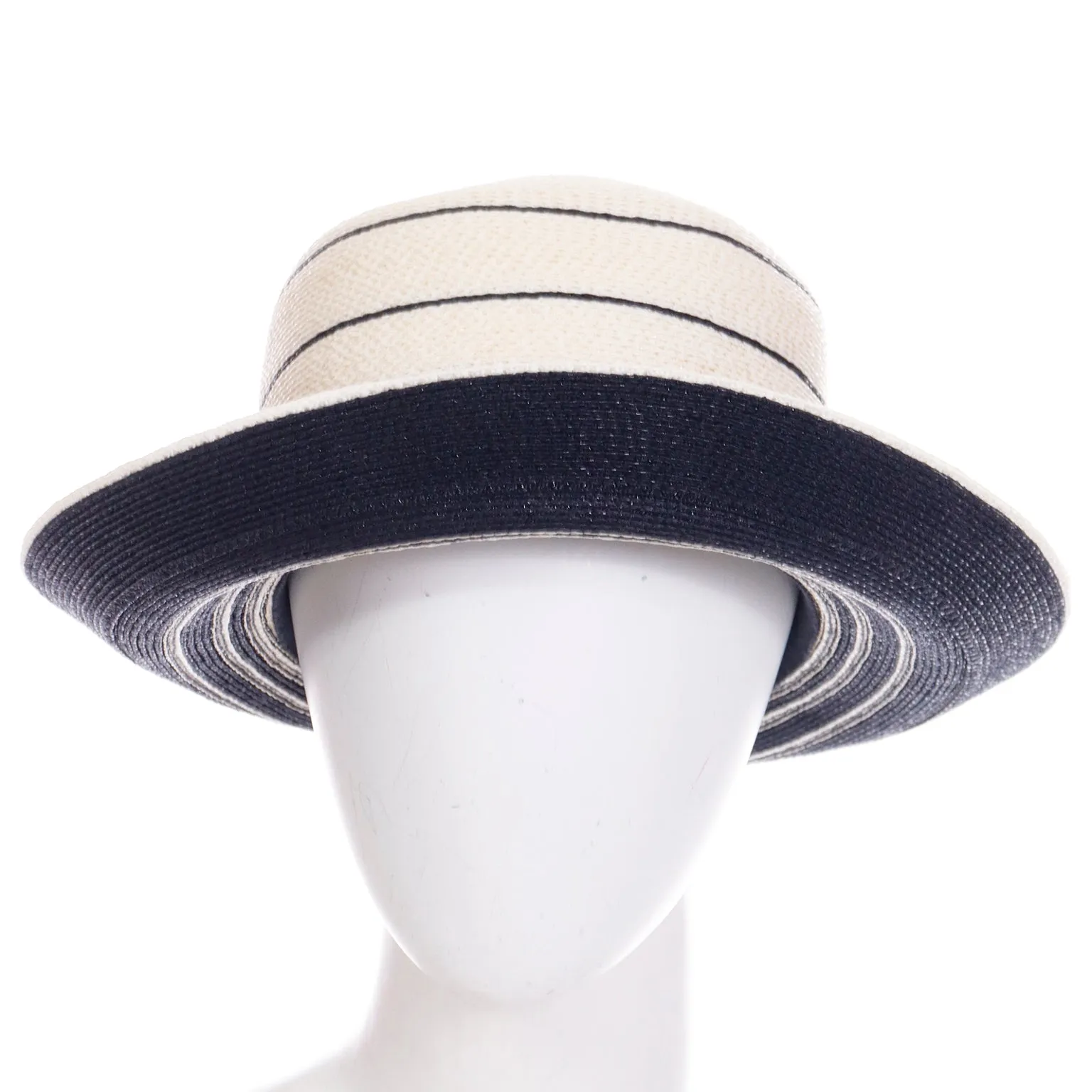 1990s Patricia Underwood Blue and Ivory Straw Hat