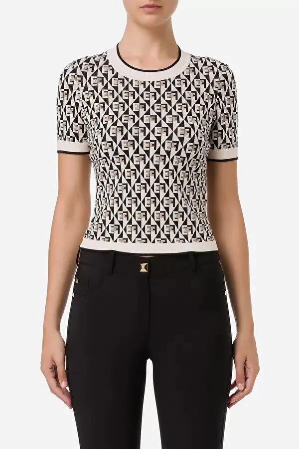 ELISABETTA FRANCHI T-shirt in maglia disegno rombi