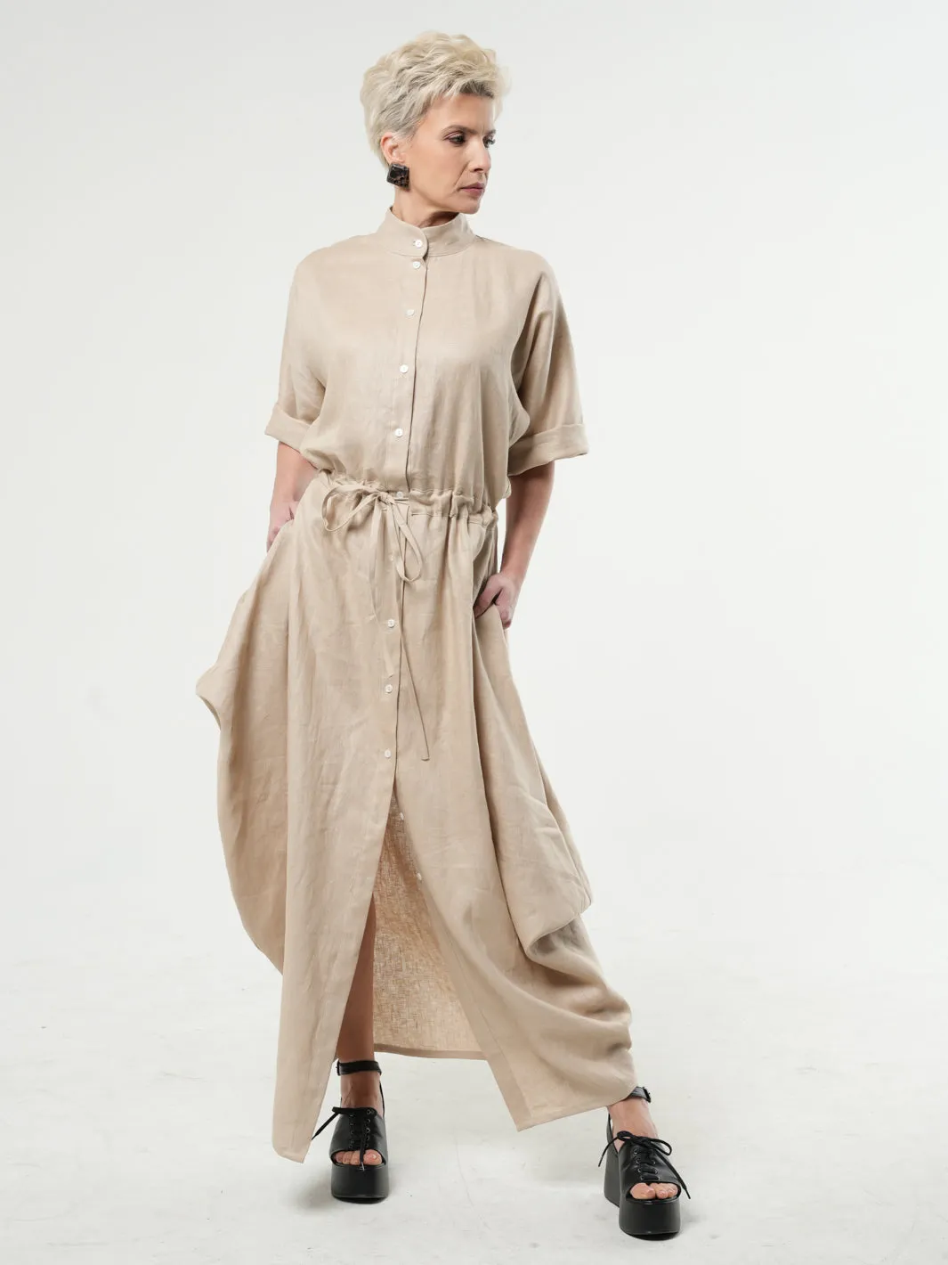 Maxi Linen Shirt Dress In Beige